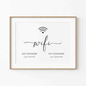 Plantilla de señal de contraseña de wifi, señal de wifi minimalista imprimible, póster de contraseña de internet inalámbrico moderno editable, horizontal, descarga instantánea