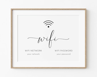 Wi-Fiパスワードサインテンプレート、印刷可能なミニマルなWi-Fiサイン、編集可能なモダンなワイヤレスインターネットパスワードポスター（横長）、デジタルダウンロード