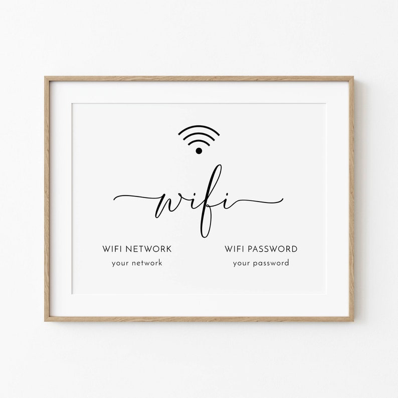 May include: A framed print with a white background and black text. The word "wifi" is written in a cursive font, with a wifi symbol above it. Below the word are the phrases "WIFI NETWORK your network" and "WIFI PASSWORD your password".