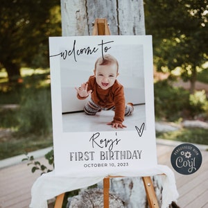 Modernes Foto Geburtstag Willkommensschild Vorlage, druckbares minimales Willkommensplakat zum ersten Geburtstag, bearbeitbarer 1. Geburtstag, sofortiger Download, #B3