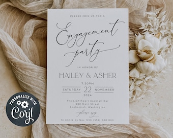 Modern Engagement Party Invitation Template, Printable Minimalist Classic Engaged Celebration Invite, Editable Invite, Instant Download