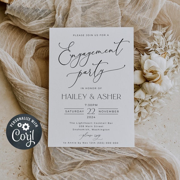 Modern Engagement Party Invitation Template, Printable Minimalist Classic Engaged Celebration Invite, Editable Invite, Instant Download