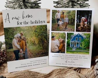 May include: Two rectangular holiday cards featuring family photographs and text. The left card reads A new home for the holidays with family names and an address. The right card displays four photos, including a house, with holiday greetings.
