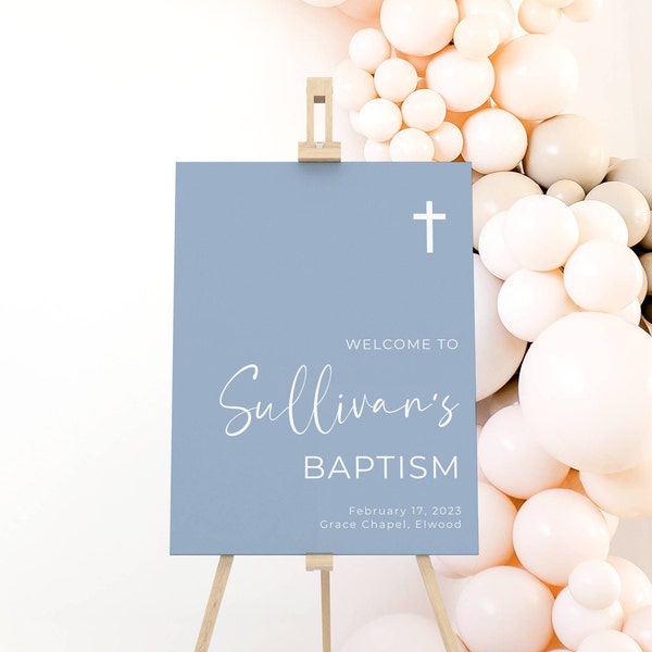 Dusty Blue Baptism Welcome Sign Template, Printable Modern Minimal Boys Christening Sign, Religious Welcome Board, Instant Download, #DB