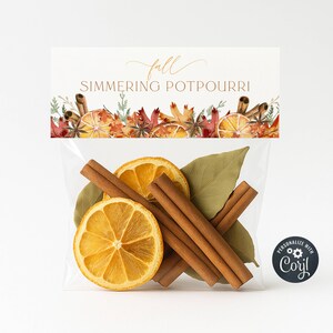 Szablon nakładki na woreczek z jesiennym, duszącym się potpourri, składana etykieta na jesienny potpourri do druku, edytowalna nakładka na woreczek świąteczny, natychmiastowe pobranie