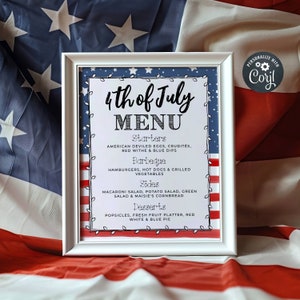 4. Juli Party Menü Vorlage, druckbares Stars & Stripes Barbeque-Schild, bearbeitbares Unabhängigkeitstag-Speisetischschild, sofortiger Download, #J3