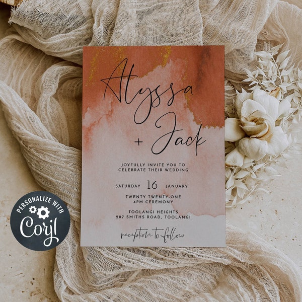 Rust and Gold Wedding Invitation Template, Printable Copper Wedding Invite, Editable Watercolor Terracotta Invite, Instant Download, #WC3