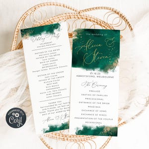 Smaragd Aquarell Hochzeitsprogramm Vorlage, druckbare Hunter Green & Gold Reihenfolge der Zeremonie, bearbeitbares modernes Programm, sofortiger Download #WC4