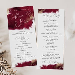 Burgundy Watercolor Wedding Program Template, Printable Maroon & Gold Order Of Ceremony, Editable Modern Program, Instant Download, #WC2