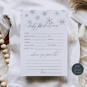 Wintersneeuwvlok babyshower voorspellingen en advieskaarten, afdrukbaar advies voor aanstaande ouders, kerstshowerspel, direct downloaden, #WB