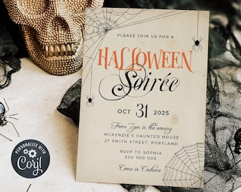 Halloween Soirée Invitation Template, Printable Adult Halloween Party Invite, Editable Cocktails & Costume Spiders Invite, Digital Download