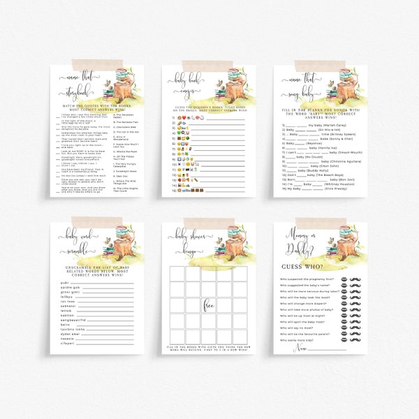 Bundel verhalenboek babyshowergames, afdrukbare boekthema-douchegames, babyshoweractiviteit, bingo, emoji, liedjes, digitale download, #BT