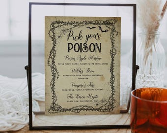 Vintage Halloween Cocktail Menu Template, Printable Pick Your Poison Bar Sign, Editable  Antique Cocktail Drinks List, Digital Download #H11