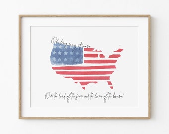 Amerikansk flagga 4 juli utskrivbar väggkonst, nationalsången akvarell, patriotisk självständighetsdagsdekor, minnesdagen, digital nedladdning