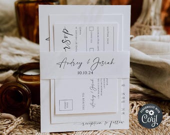 Plantilla minimalista para faja de ombligo, diseño imprimible de invitación de boda clásica moderna, diseño editable y sencillo, descarga instantánea, #MW2