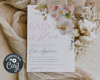Baby In Bloom Baby Shower Invitation Template, Printable Floral Shower Invite, Editable Girl Baby Shower Invite, Instant Download, #S2