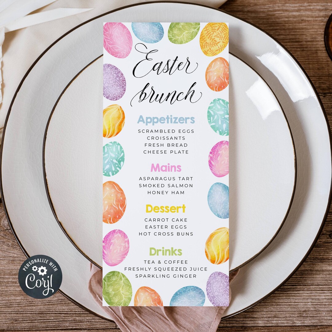Spring Breakfast Menu Easter Brunch Menu Template, Printable Rainbow Easter Eggs Menu Cards ...