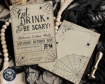 Puede incluir: Una invitación a una fiesta de Halloween con un diseño de telaraña. La invitación dice "Eat, Drink & Be Scary!" e incluye detalles sobre la fiesta, como la fecha, la hora y el lugar. También se incluye información sobre la confirmación de asistencia.
