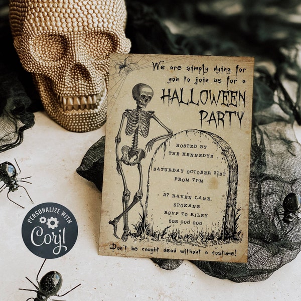 Vintage Skeleton Tombstone Halloween Invitation Template, Editable Gravestone Invite, Printable Spooky Soirée Invite, Instant Download