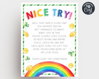 May include: A colorful St. Patrick's Day themed card with the text "NICE TRY!" in red, orange, green, and blue. The card features a rainbow, gold coins, and shamrocks, with a message from Lucky the Leprechaun.