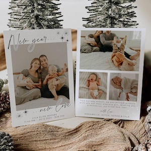 Plantilla de anuncio de nacimiento de amor y año nuevo, tarjeta fotográfica imprimible y moderna para recién nacidos, anuncio de año nuevo editable, descarga instantánea