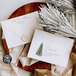 Modelo de envelope de árvore de Natal em aquarela, endereçamento de envelope de férias para impressão, envelope de casamento de Natal editável, download instantâneo