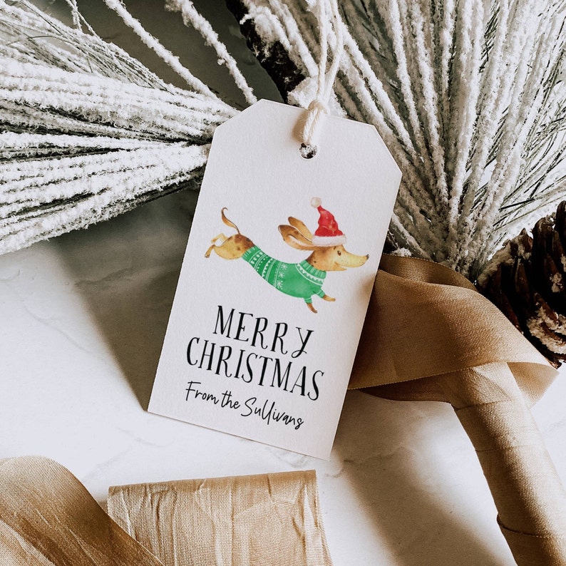 May include: A white gift tag with a watercolor illustration of a dachshund wearing a green sweater and a red Santa hat. The text "Merry Christmas" and "From the Sullivans" is printed in black.