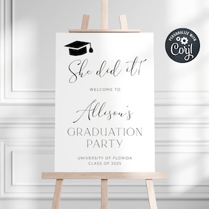 She Did It Graduation Welcome Sign Template, Printable Minimalist Graduate Welcome Board, Editable Girl Grad Party Poster, Instant Download