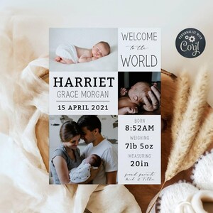 Welcome To The World Birth Announcement Template, Printable Newborn Baby Thank You Card, Editable Minimal Modern Baby Card, Instant Download