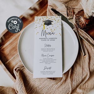 Graduation Dinner Menu Template, Printable Modern Graduate Table Decor, Editable Minimalist Grad Party Menu Cards, Instant Download, GC image 1