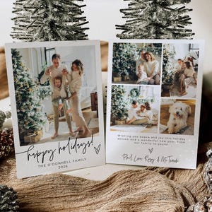 May include: Two rectangular holiday greeting cards featuring family photographs. The left card displays a large photo with the text Happy holidays! The O'Donnell Family 2026. The right card shows a photo collage with the text Wishing you peace and joy this holiday season and a wonderful new year, from our family to yours! Phil, Lisa, Rory & McTavish.