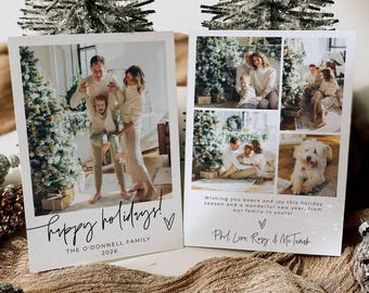 May include: Two rectangular holiday greeting cards featuring family photographs. The left card displays a large photo with the text Happy holidays! The O'Donnell Family 2026. The right card shows a photo collage with the text Wishing you peace and joy this holiday season and a wonderful new year, from our family to yours! Phil, Lisa, Rory & McTavish.