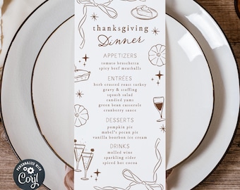 Hand Drawn Thanksgiving Dinner Menu Template, Printable Whimsical Friendsgiving Menu, Editable Modern Fall Menu, Digital Download, #T5