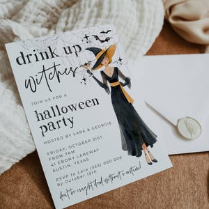 Drink Up Witches Halloween Invitation Template, Printable Costume Party Invite, Editable Cocktail Bats Witch Invite, Digital Download image 3