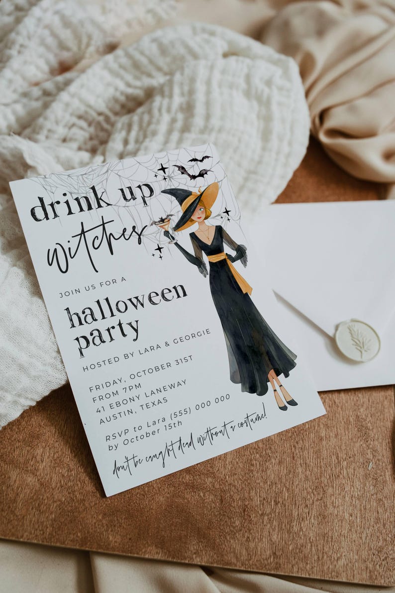 Drink Up Witches Halloween Invitation Template, Printable Costume Party Invite, Editable Cocktail Bats Witch Invite, Digital Download image 3