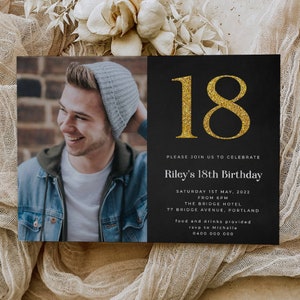 Editable 18th Birthday Photo Invitation Template, Printable Gold Glitter Eighteen Invite, Modern Simple Any Age Birthday, Instant Download