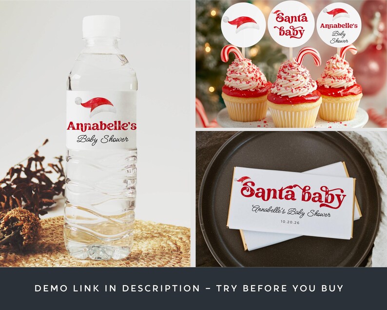 Santa Baby Shower Template Bundle, druckbares Weihnachtsduschpaket, bearbeitbares Weihnachtsmann Hut Duschset, digitaler Download, #CS Bild 8