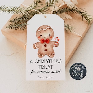 Modello di etichetta regalo di Natale con omino di pan di zenzero, etichetta regalo carina per le feste stampabile, dolcetto di Natale modificabile per una persona dolce, download immediato