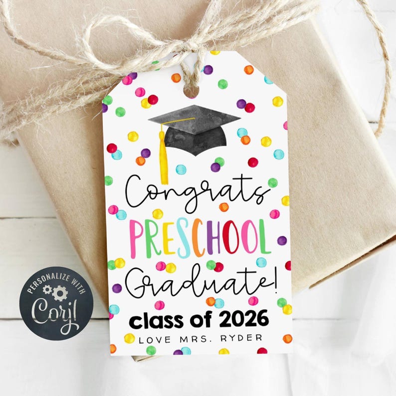 Plantilla de etiqueta de regalo de graduación preescolar, etiqueta imprimible de felicitación para graduados preescolares, etiqueta editable de fin de año, descarga digital imagen 1