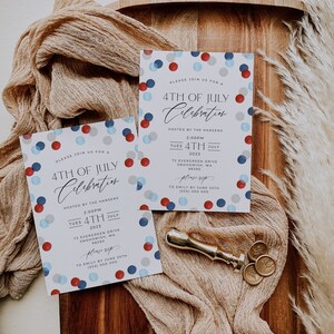 May include: Two invitations for a 4th of July celebration with red, white, and blue confetti. The invitations are on a wooden tray with a gold wax seal and beige fabric.