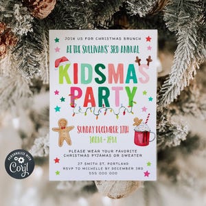 Kidsmas Christmas Party Invitation Template, Printable Kids Holiday Invite, Editable Cute Children&#39;s Brunch Invite, Instant Download