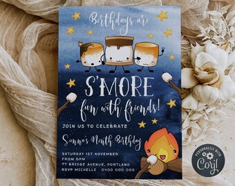 S'mores Birthday Invitation Template, Printable Bonfire Birthday Party Invite, Editable S'more Fun With Friends Invite, Digital Download #SS