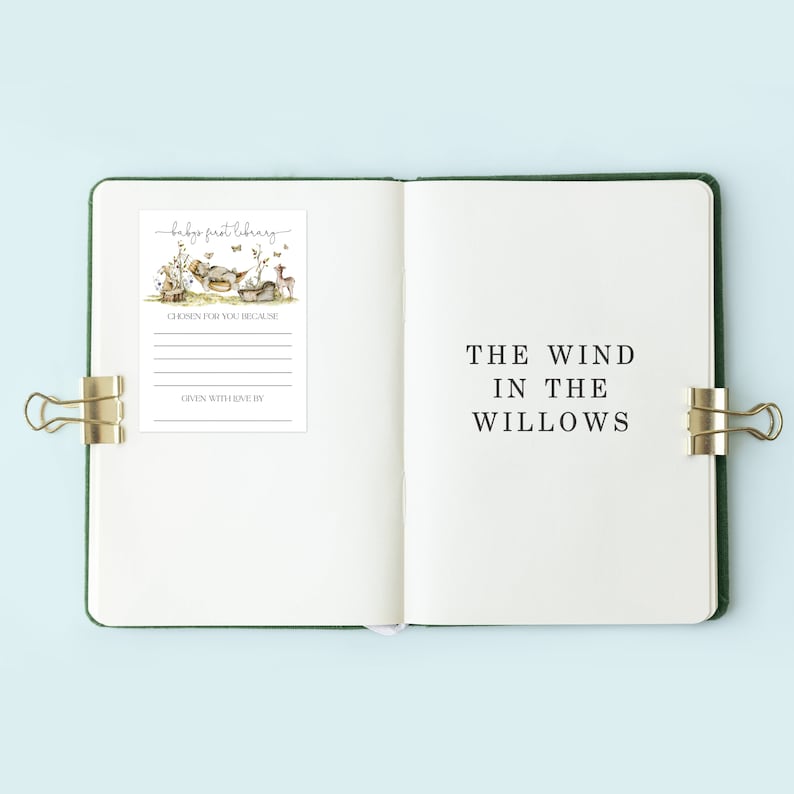 Pu&ograve; includere: Un diario verde con una pagina bianca aperta a un risguardo con un'illustrazione ad acquerello di una scena boschiva. Il risguardo ha il testo "baby's first library" e spazio per scrivere "scelto per te perch&eacute;" e "dato con amore da". La pagina opposta ha il titolo "Il vento tra i salici" scritto in nero.