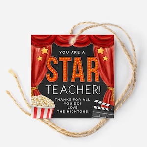 Movie Night Teacher Appreciation Gift Tag-sjabloon, afdrukbare You Are A Star Favor-tags, bewerkbare vierkante bedankkaartjes, direct downloaden