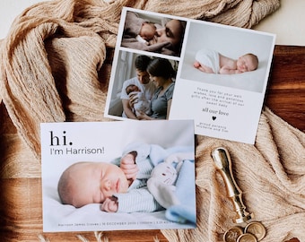 May include: Two rectangular birth announcement cards featuring photographs of a newborn baby. One card displays the text hi. I'm Harrison! with birth details. The other card shows family photos and a thank you message with the text all our love.