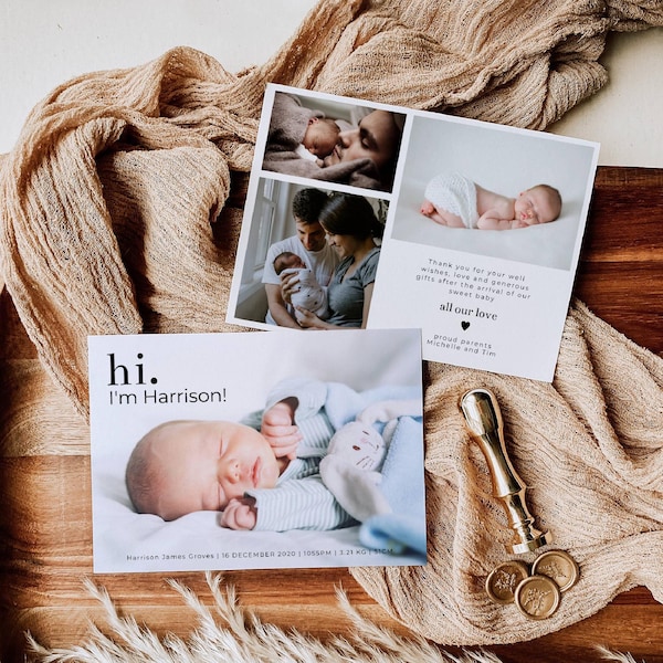 Photo Birth Announcement Template, Printable Hi I'm Newborn Baby Arrival Card, Editable Modern Thank You Note, Digital Download