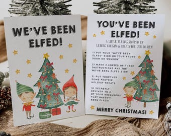 Op de afbeelding: Twee printbare kaarten met een kerstthema met elfjes. De kaarten zeggen "We've Been Elfed!" en "You've Been Elfed!" met instructies voor een kerst-elfjes-spel. De kaarten bevatten illustraties van elfjes en kerstboom.