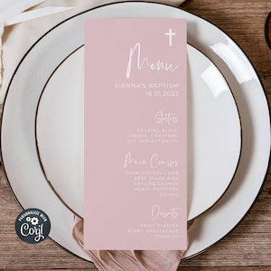 Blush rosa Taufe Menüvorlage, druckbares Tauftischmenü, bearbeitbare Menükarten, modernes Mädchen Taufe Menü, Sofort Download, #BD