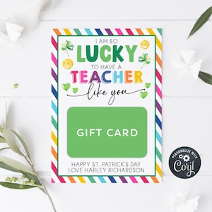 Editable St. Patrick&#39;s Day Teacher Appreciation Gift Card Holder Template, Printable Lucky To Have A Teacher Like You Tag, Instant Download