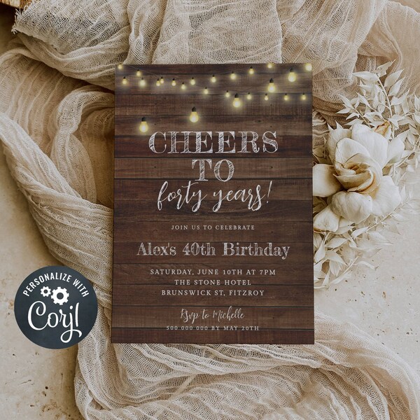 Rustic Birthday Invitation Template, Printable Country Wood String Lights Invite, 40th Birthday Invite, Fortieth Any Age, Instant Download